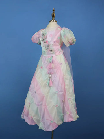 MultiColor 3D Floral Embellishments Organza Kids Lehenga - Diadem