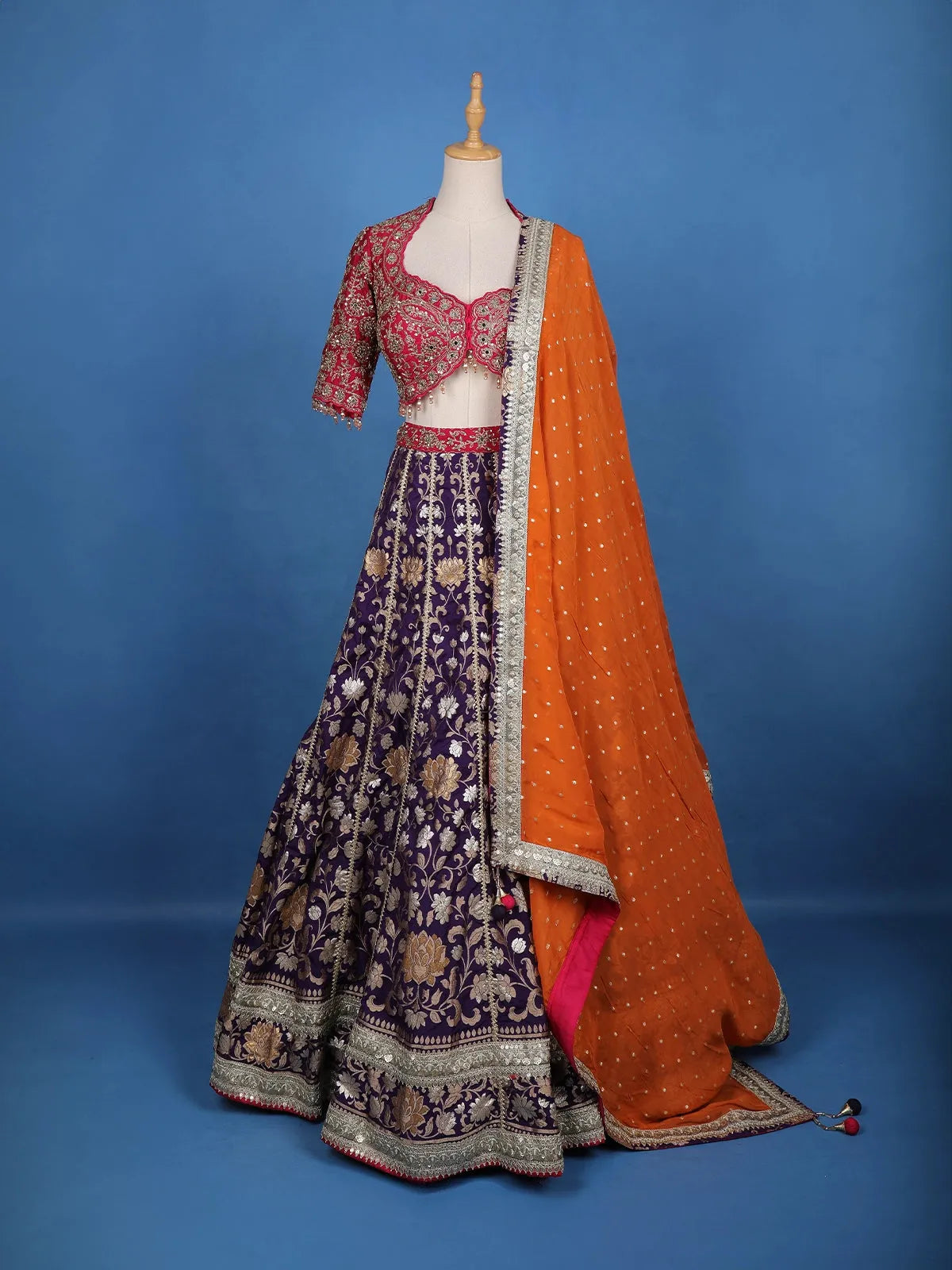 Multi Color Floral Embroidered Designer Lehenga with Orange Dupatta - Diadem
