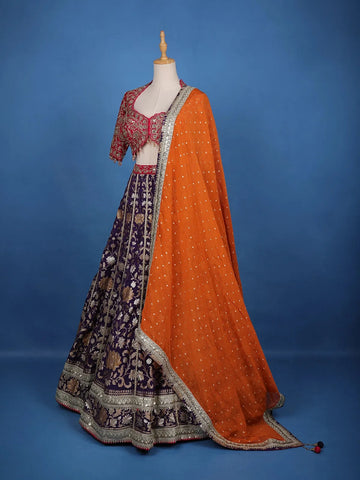 Multi Color Floral Embroidered Designer Lehenga with Orange Dupatta - Diadem