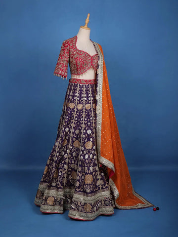 Multi Color Floral Embroidered Designer Lehenga with Orange Dupatta - Diadem