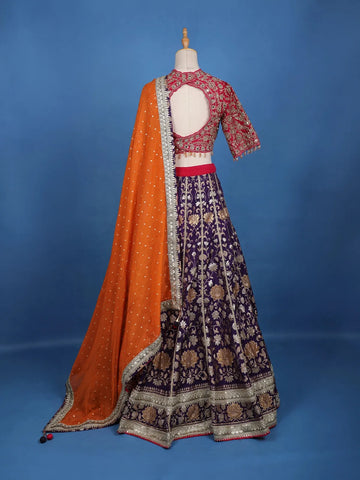Multi Color Floral Embroidered Designer Lehenga with Orange Dupatta - Diadem