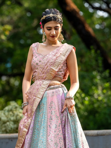 Multi Colour Banarasi Silk Mirror Work Bridesmaids Lehenga - Diadem
