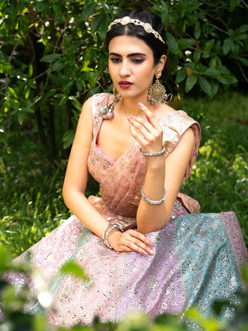 Multi Colour Banarasi Silk Mirror Work Bridesmaids Lehenga - Diadem