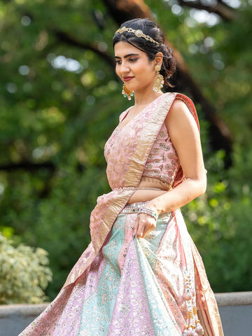 Multi Colour Banarasi Silk Mirror Work Bridesmaids Lehenga - Diadem