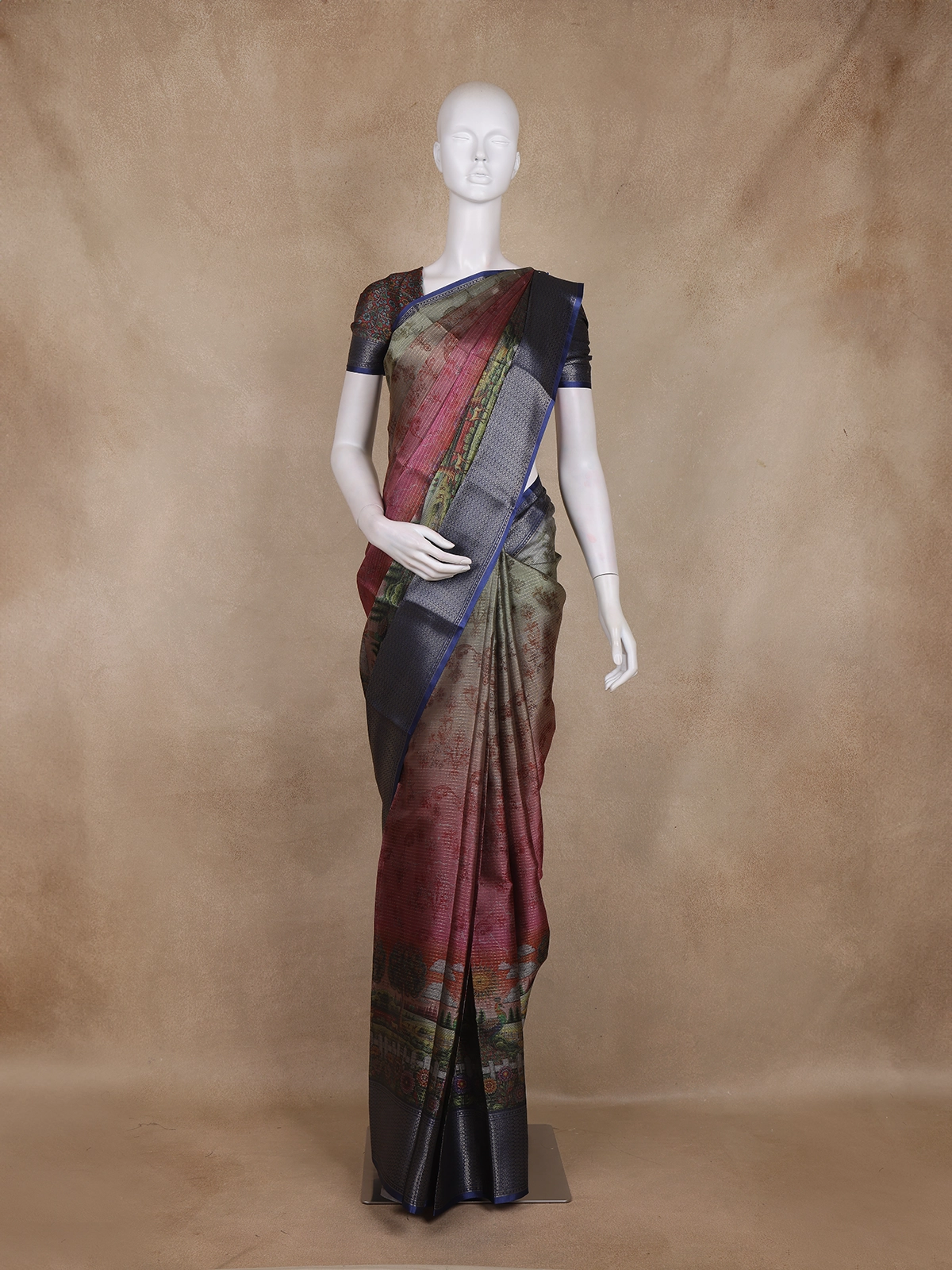 Multicolor Abstract Printed Design Mixed Cotton Fancy Saree with Zari Border