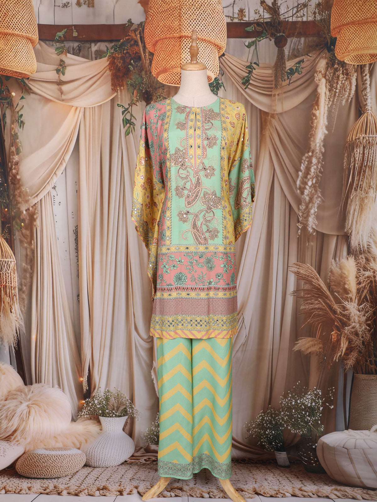Multicolor Floral Design Crepe Kaftan Suit