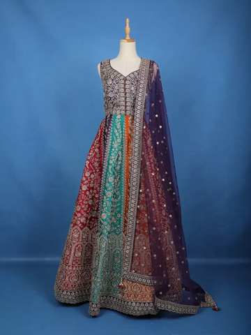 Purple Floral Embroidered Banarasi Silk Gown With Net Dupatta - Diadem