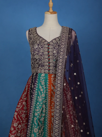 Purple Floral Embroidered Banarasi Silk Gown With Net Dupatta - Diadem