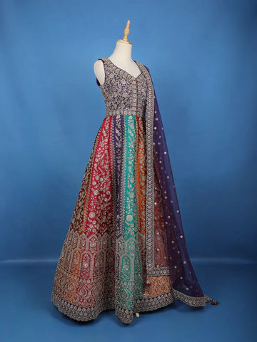 Purple Floral Embroidered Banarasi Silk Gown With Net Dupatta - Diadem