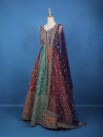 Purple Floral Embroidered Banarasi Silk Gown With Net Dupatta - Diadem