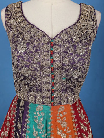 Purple Floral Embroidered Banarasi Silk Gown With Net Dupatta - Diadem