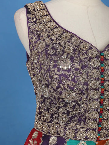 Purple Floral Embroidered Banarasi Silk Gown With Net Dupatta - Diadem