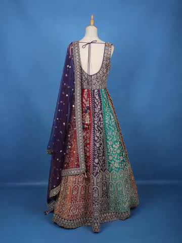 Purple Floral Embroidered Banarasi Silk Gown With Net Dupatta - Diadem