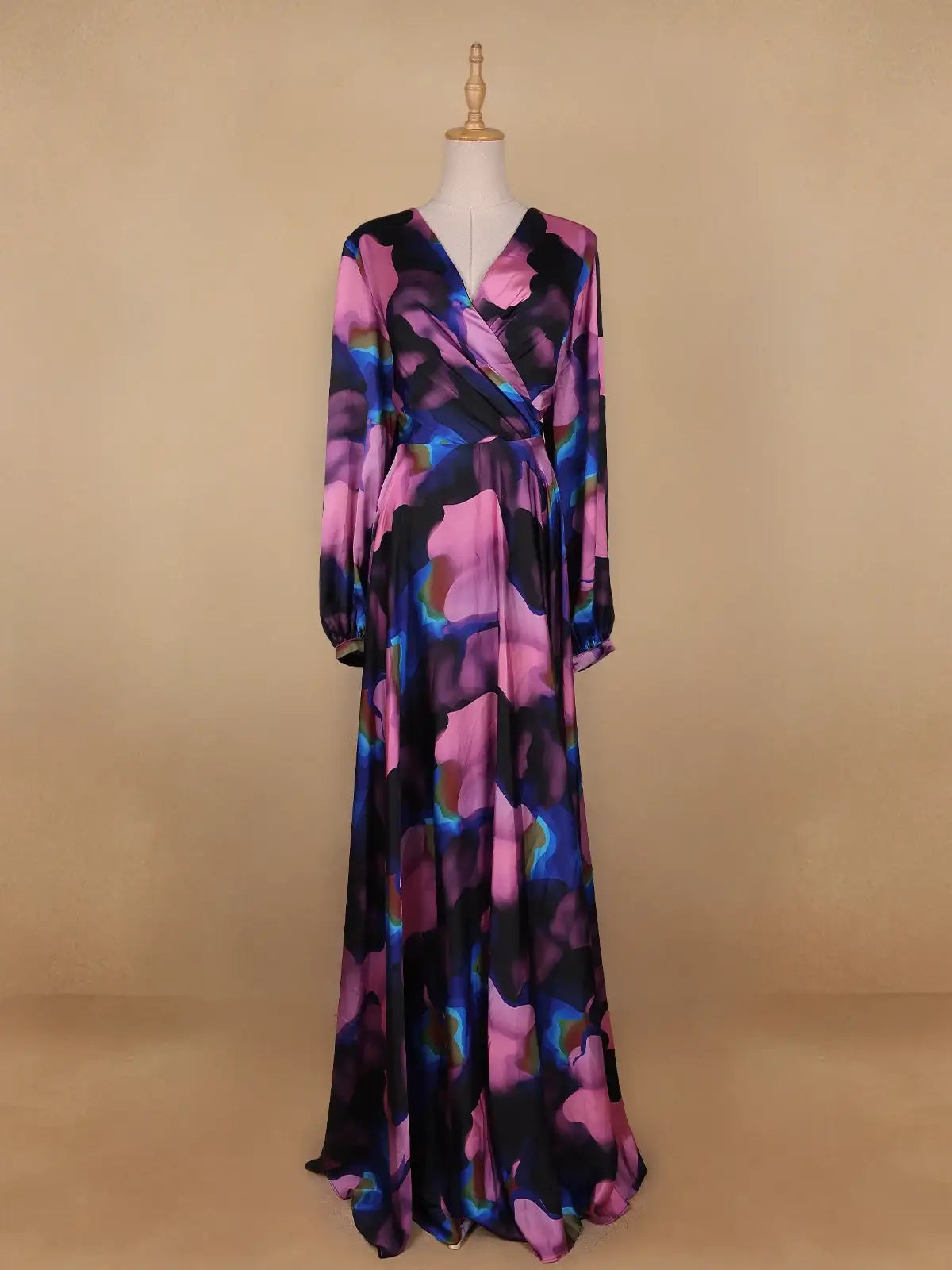 Multicolor Floral Print Satin Partywear Gown - Diadem