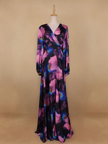 Multicolor Floral Print Satin Partywear Gown - Diadem