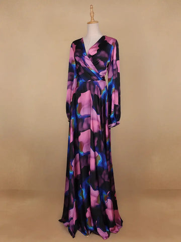 Multicolor Floral Print Satin Partywear Gown - Diadem