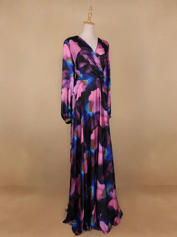 Multicolor Floral Print Satin Partywear Gown - Diadem