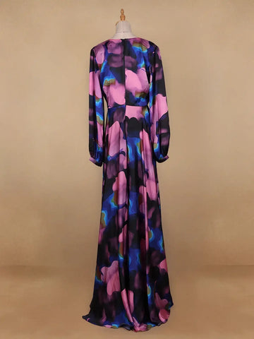 Multicolor Floral Print Satin Partywear Gown - Diadem