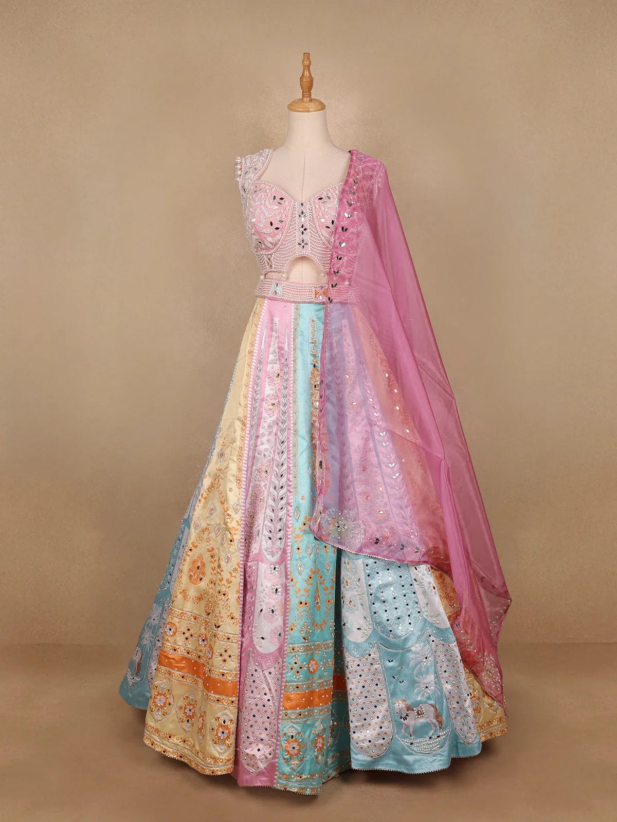 Multicolour Pearls And Mirror Work Bridesmaids Shimmer Lehenga - Diadem