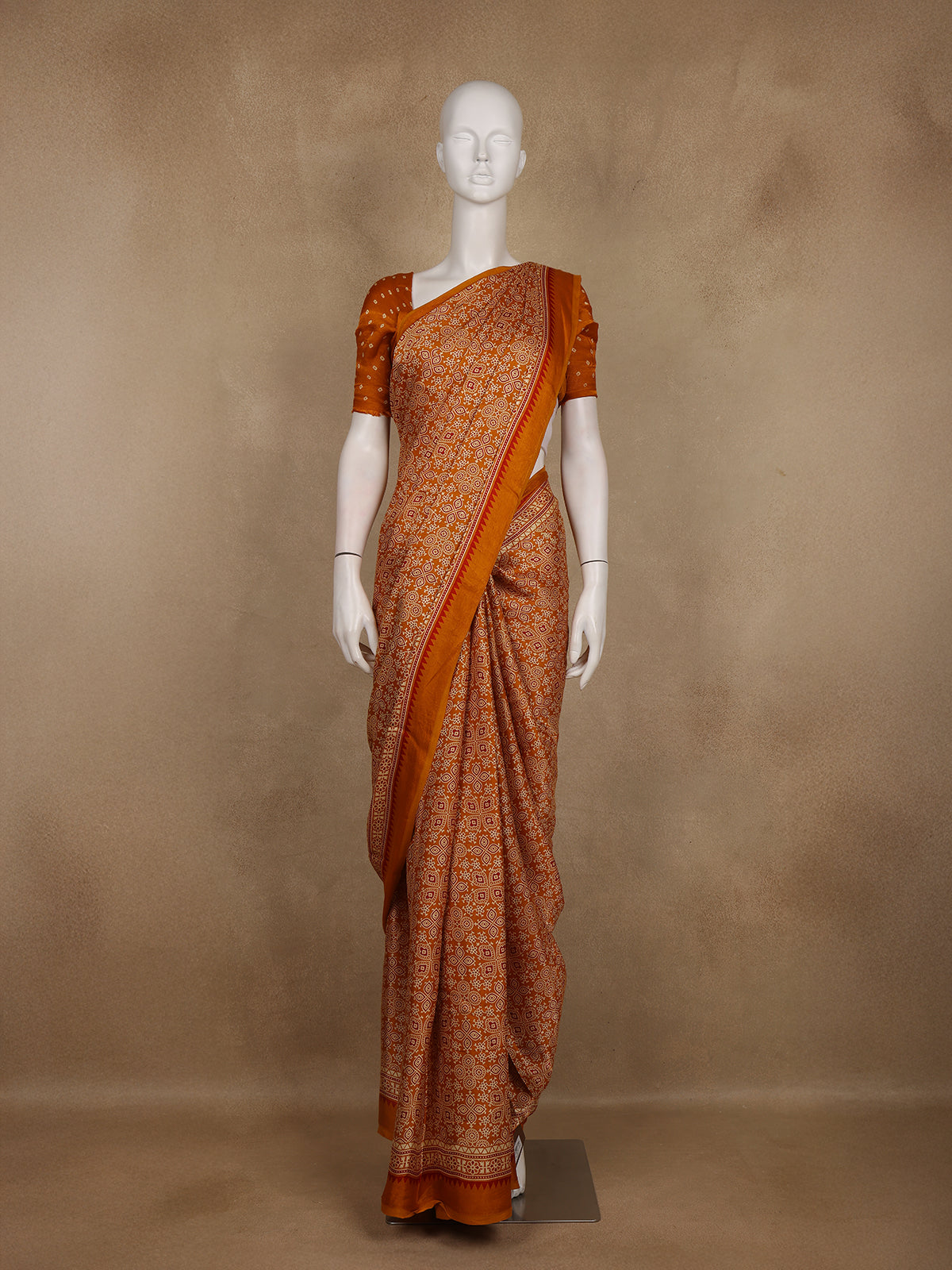 Mustard Ajrakh Print Mul Mul Cotton Saree