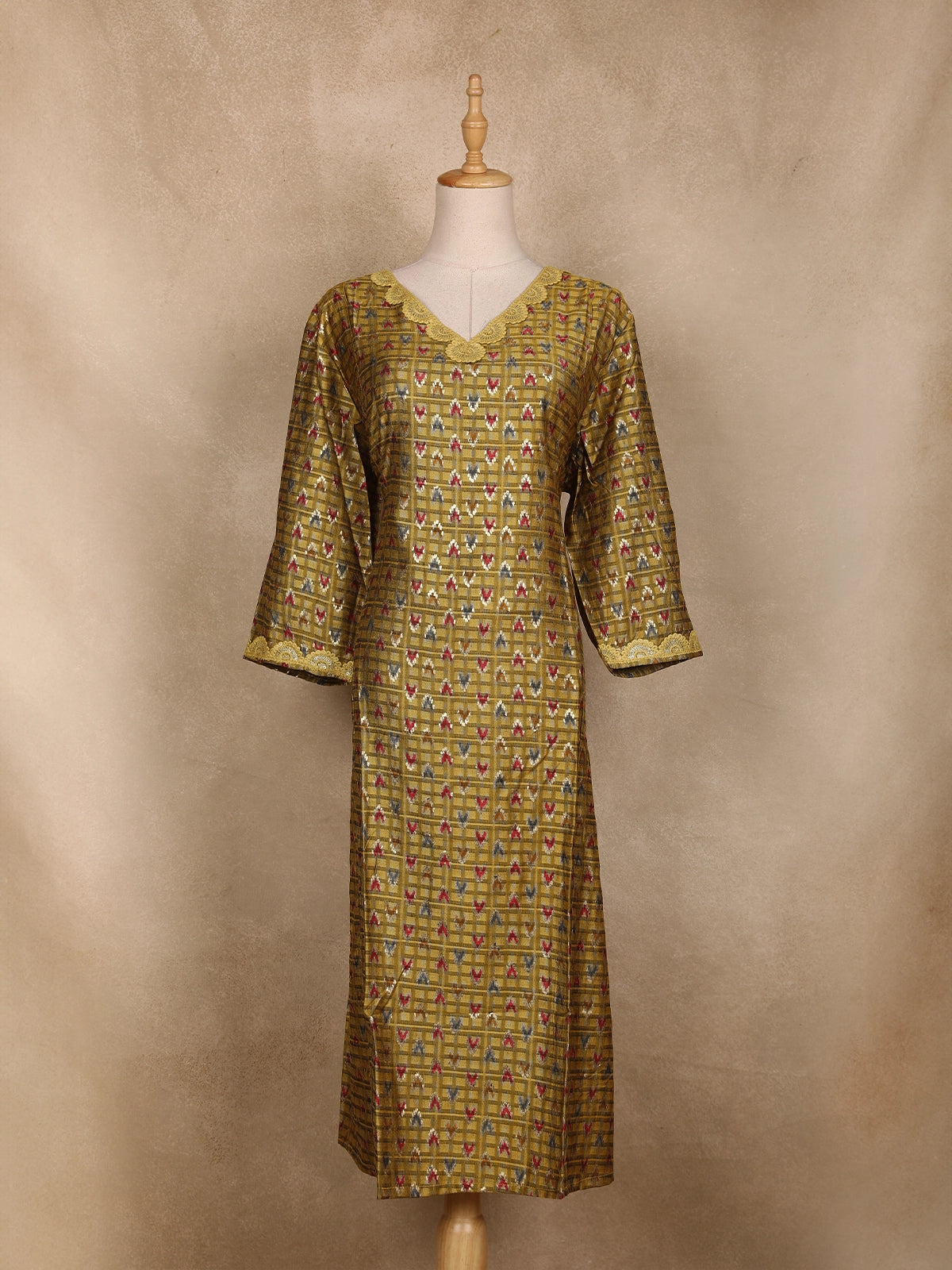 Mustard Green Ikat Design Rayon Kurti