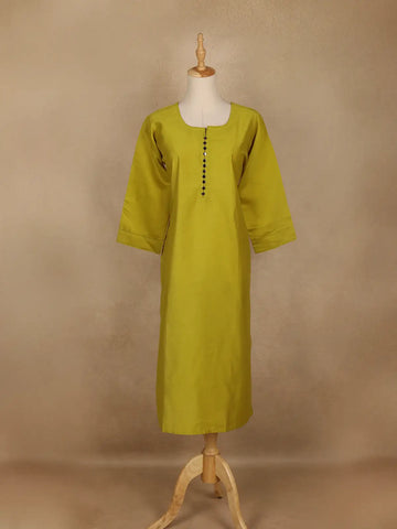 Mustard Green Solid Cotton Kurti With Button Detailing - Diadem