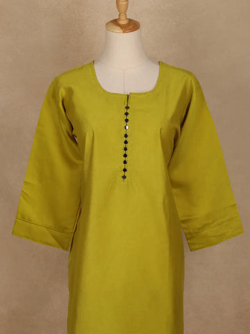 Mustard Green Solid Cotton Kurti With Button Detailing - Diadem