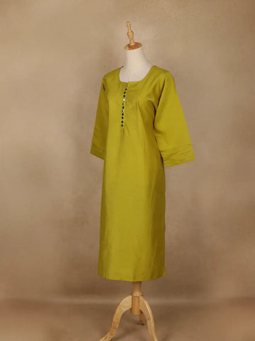 Mustard Green Solid Cotton Kurti With Button Detailing - Diadem