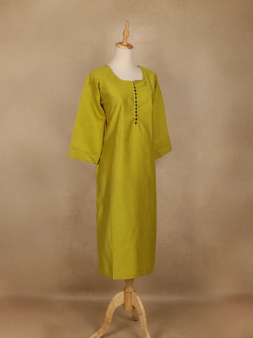 Mustard Green Solid Cotton Kurti With Button Detailing - Diadem