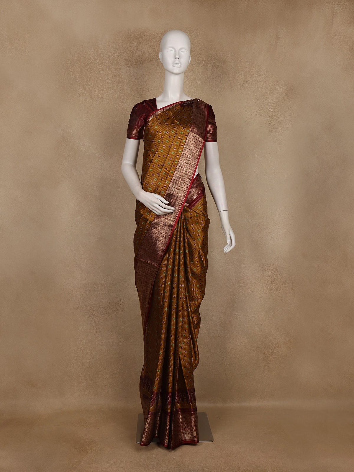 Mustard Pochampally Ikat Design Cotton Saree with Zari Border