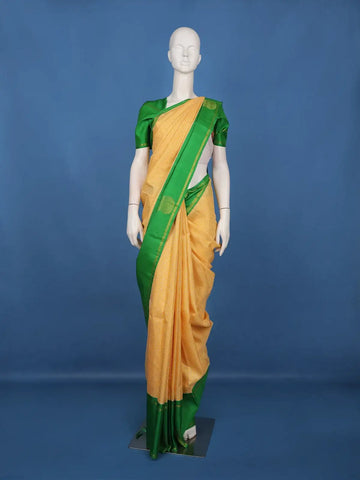 Mustard Yellow Checked Design Woven Pure Kanchipuram Silk Saree - Diadem