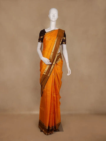 Mustard Yellow Checked Woven Pure Kanchipuram Silk Saree with Zari Border - Diadem