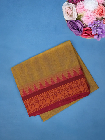 Mustard Yellow Cotton Saree With Maroon Temple Border - Diadem