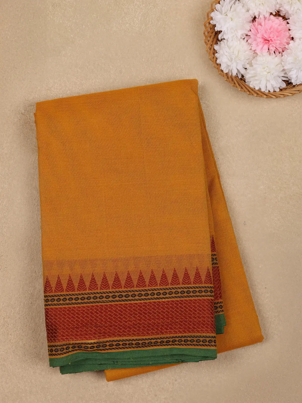 Mustard Yellow Cotton Saree with Tribal Woven Border - Diadem
