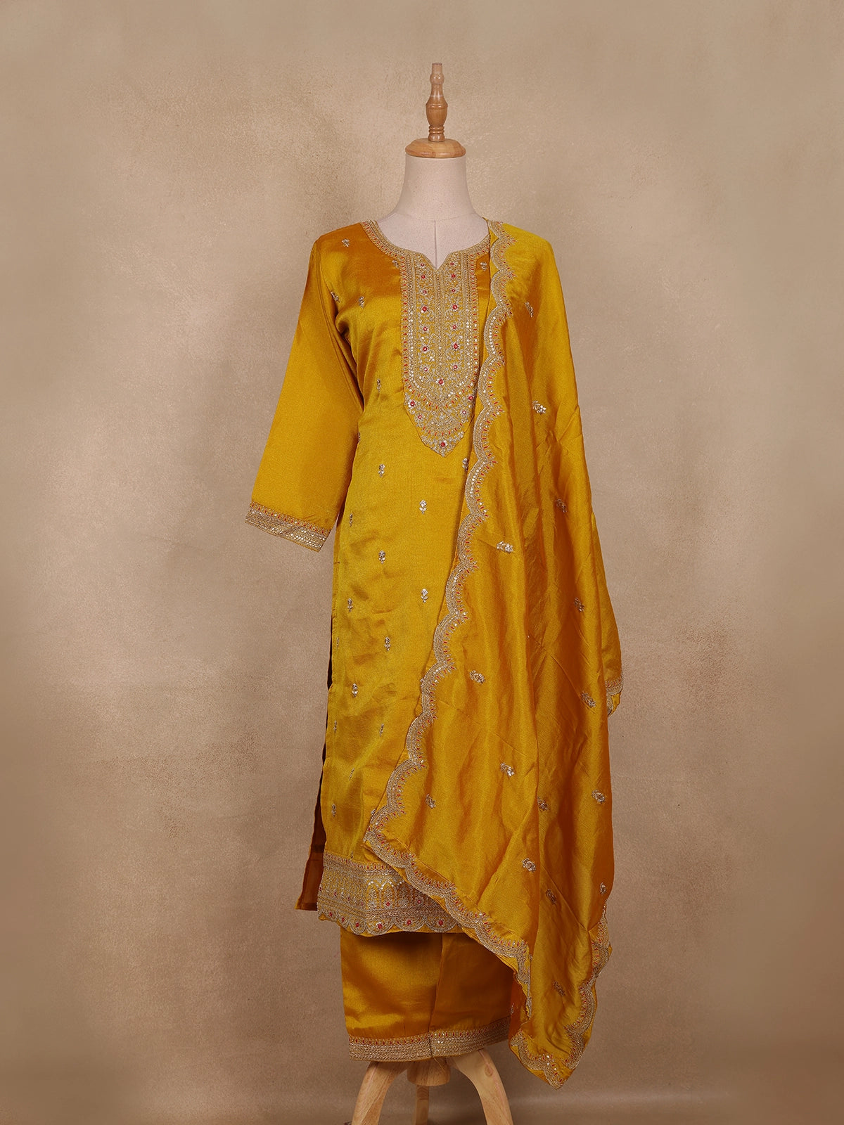Mustard Yellow Embroidered Design Straight Cut Salwar Suit with Dupatta