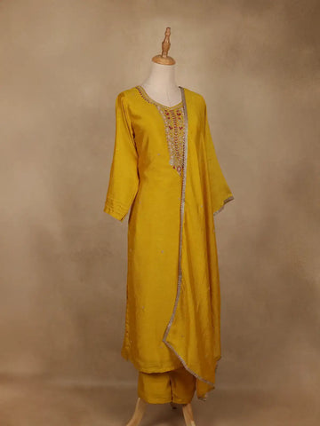 Yellow Embroidered Semi Silk Salwar Suit - Diadem