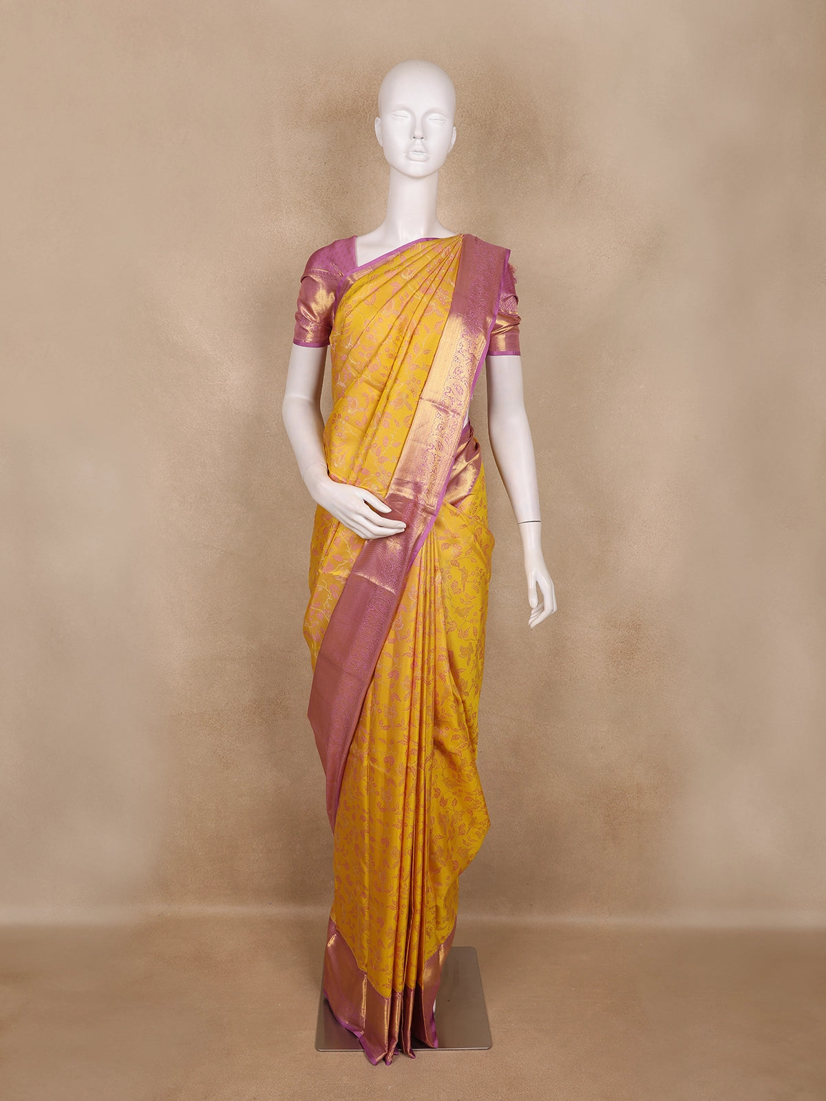 Mustard Yellow Floral And Birds Woven Design Pure Kanchipuram Silk Saree