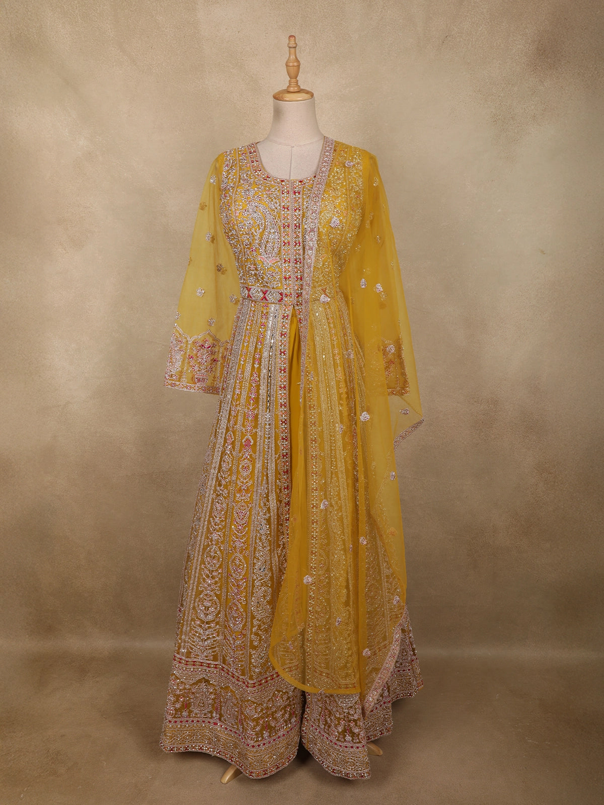 Mustard Yellow Floral Beads and Zari Embroidered Design Net Mastani Lehenga with Dupatta | Diadem Mustard Yellow Floral Beads and Zari Embroidered Design Net Mastani Lehenga with Dupatta | Diadem