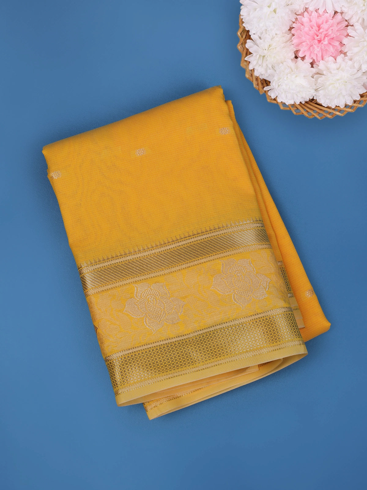 Yellow Floral Butta Design Fancy Cotton Saree