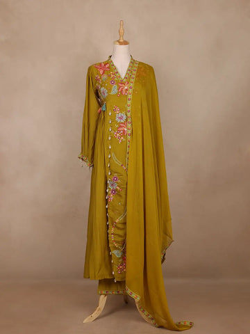 Mustard Yellow Floral Crepe Salwar Suit – Lightweight Festive & Casual Wear - Diadem