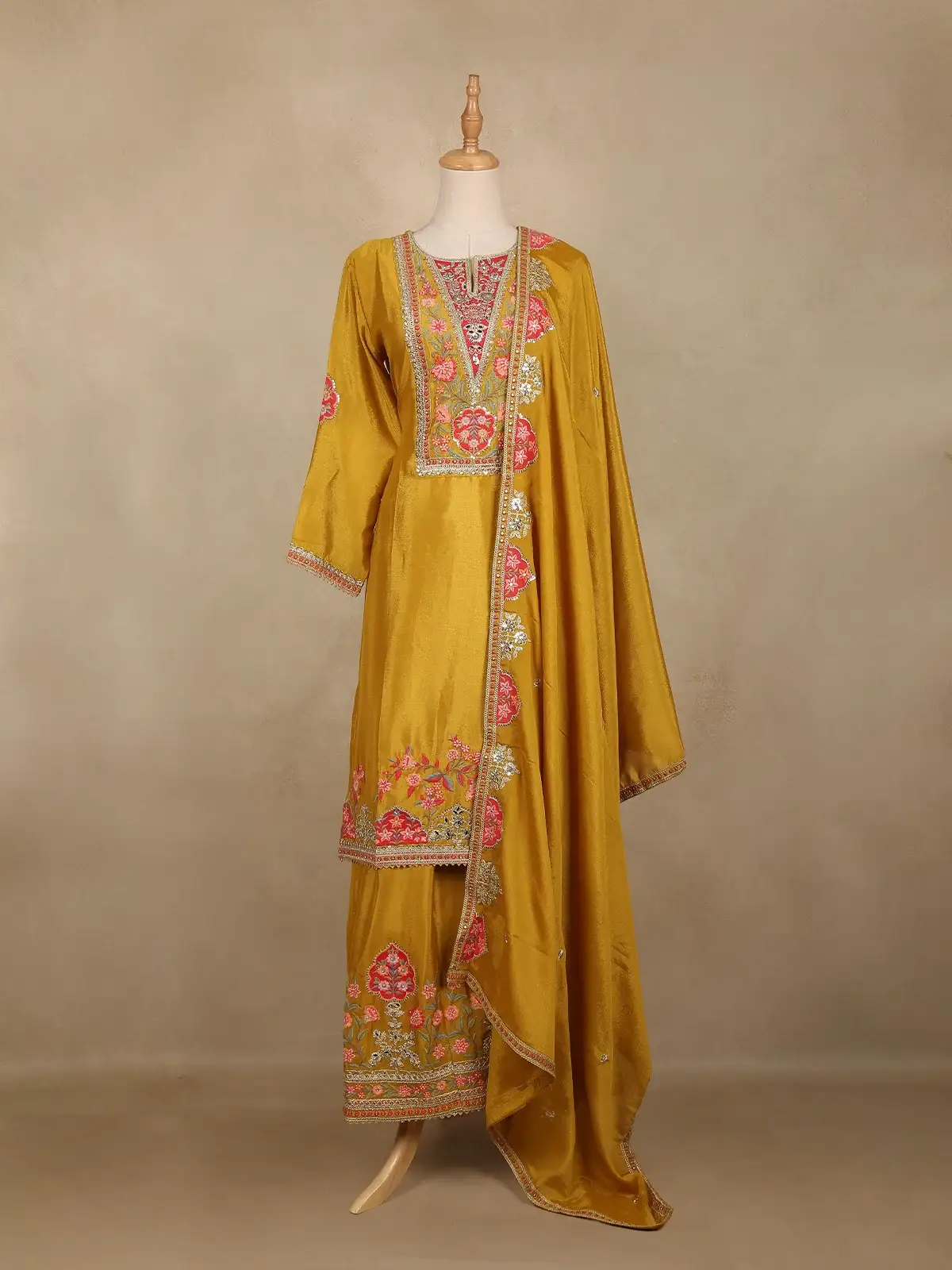 Mustard Yellow Floral Design Georgette Palazzo Salwar Suit - Diadem