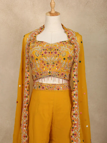 Mustard Yellow Floral Design Georgette Palazzo Salwar Suit - Diadem