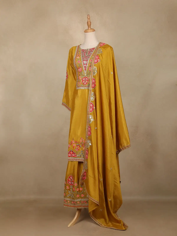 Mustard Yellow Floral Design Georgette Palazzo Salwar Suit - Diadem