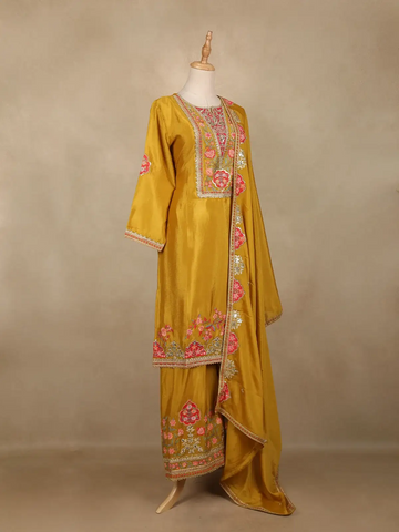 Mustard Yellow Floral Design Georgette Palazzo Salwar Suit - Diadem