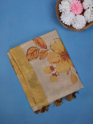 Mustard Yellow Floral Design Semi Tissue Saree - Diadem