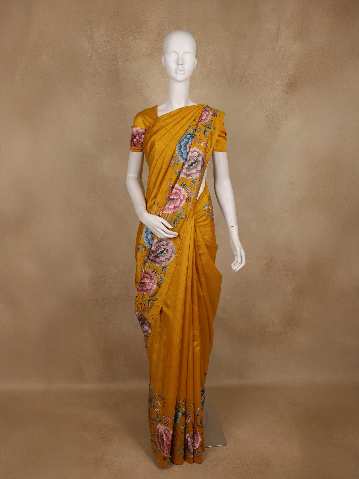 Mustard Yellow Floral Embroidered Design Tussar Saree