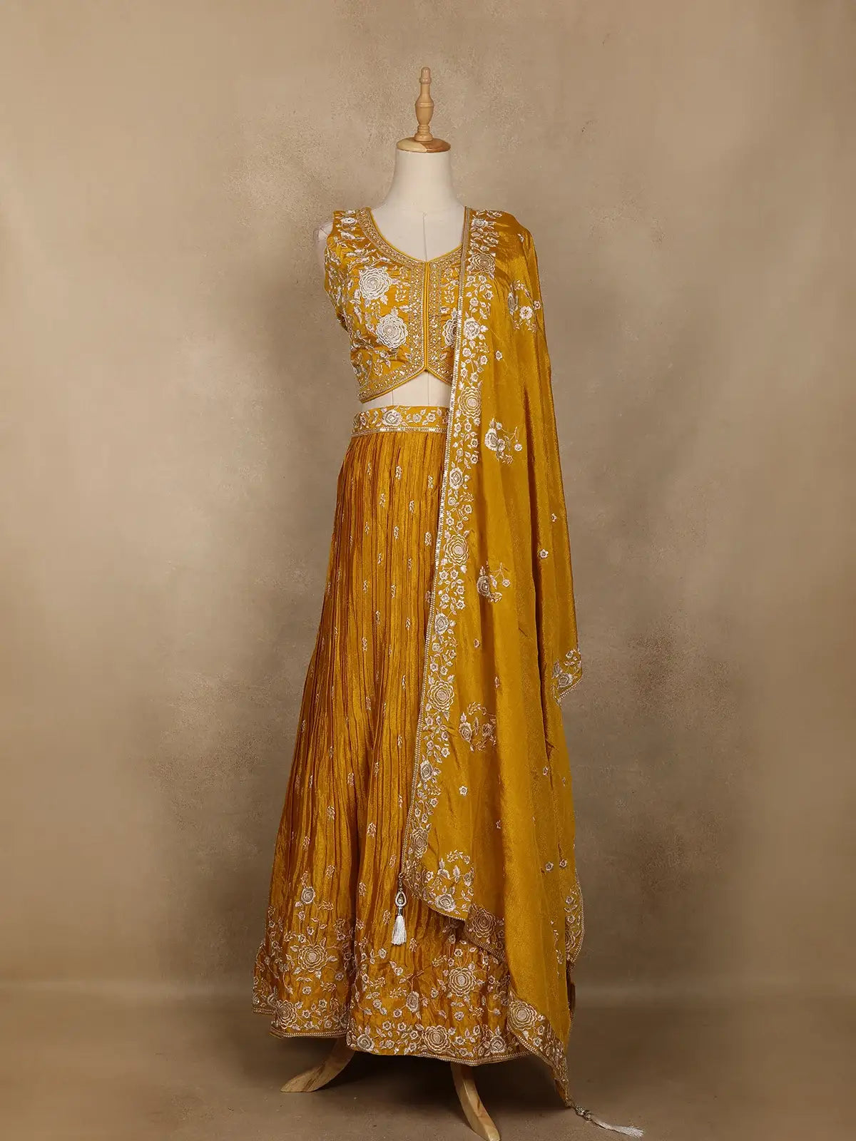 Mustard Yellow Floral Embroidered Design Chiffon Lehenga