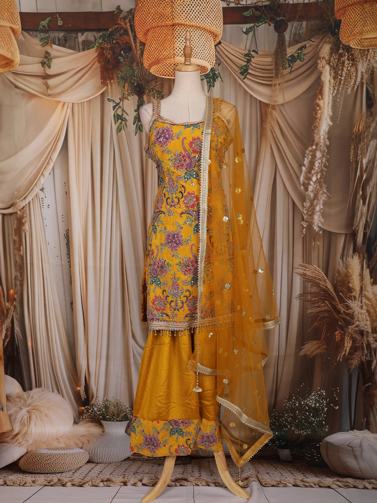 Mustard Yellow Floral Embroidered Design Georgette Palazzo Suit with Dupatta