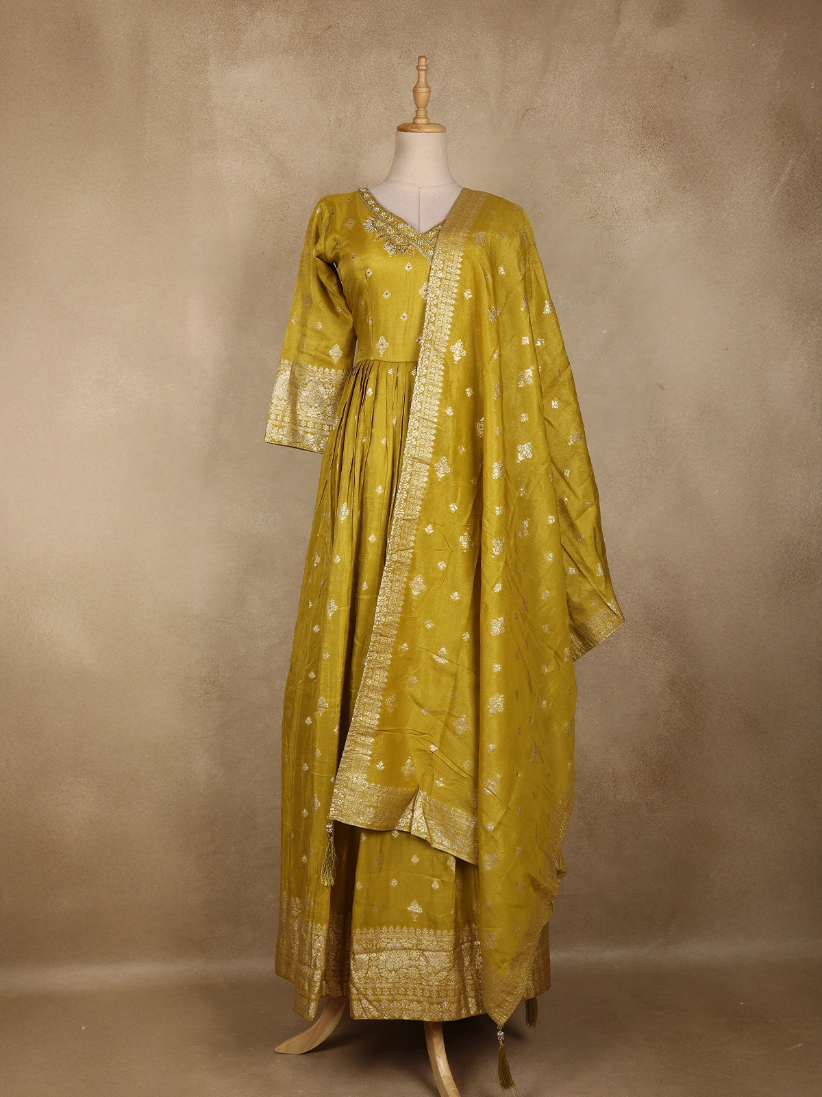 Mustard Yellow Floral Gold Zari Butta Woven Design Tissue Banarasi Gown with Dupatta | Diadem Mustard Yellow Floral Gold Zari Butta Woven Design Tissue Banarasi Gown with Dupatta | Diadem