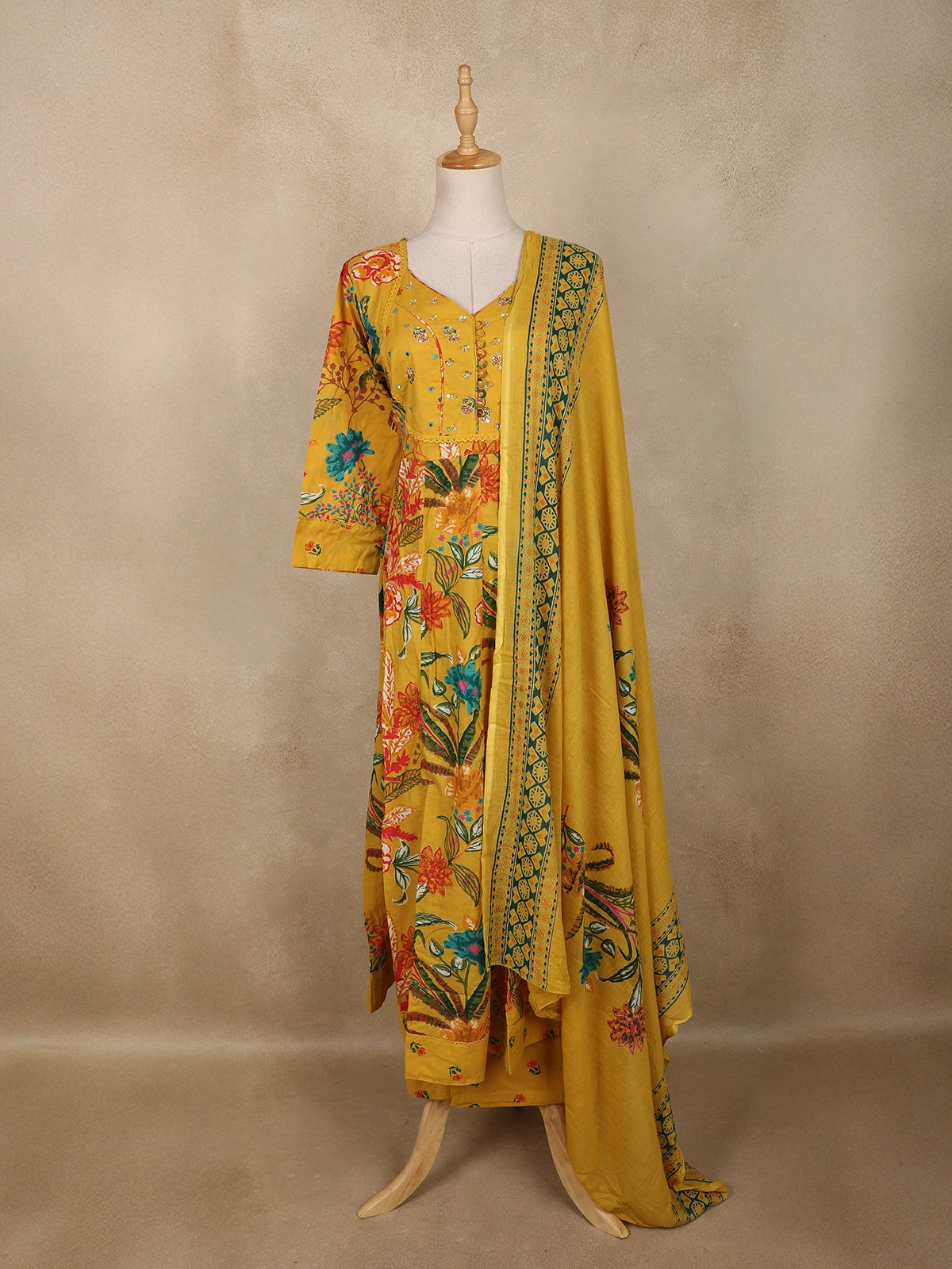 Mustard Yellow Floral Printed Design Cotton Anarkali Salwar Suit with Dupatta | Diadem Mustard Yellow Floral Printed Design Cotton Anarkali Salwar Suit with Dupatta | Diadem